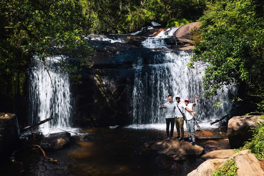Three guides and guests posing in front of a forest waterfall